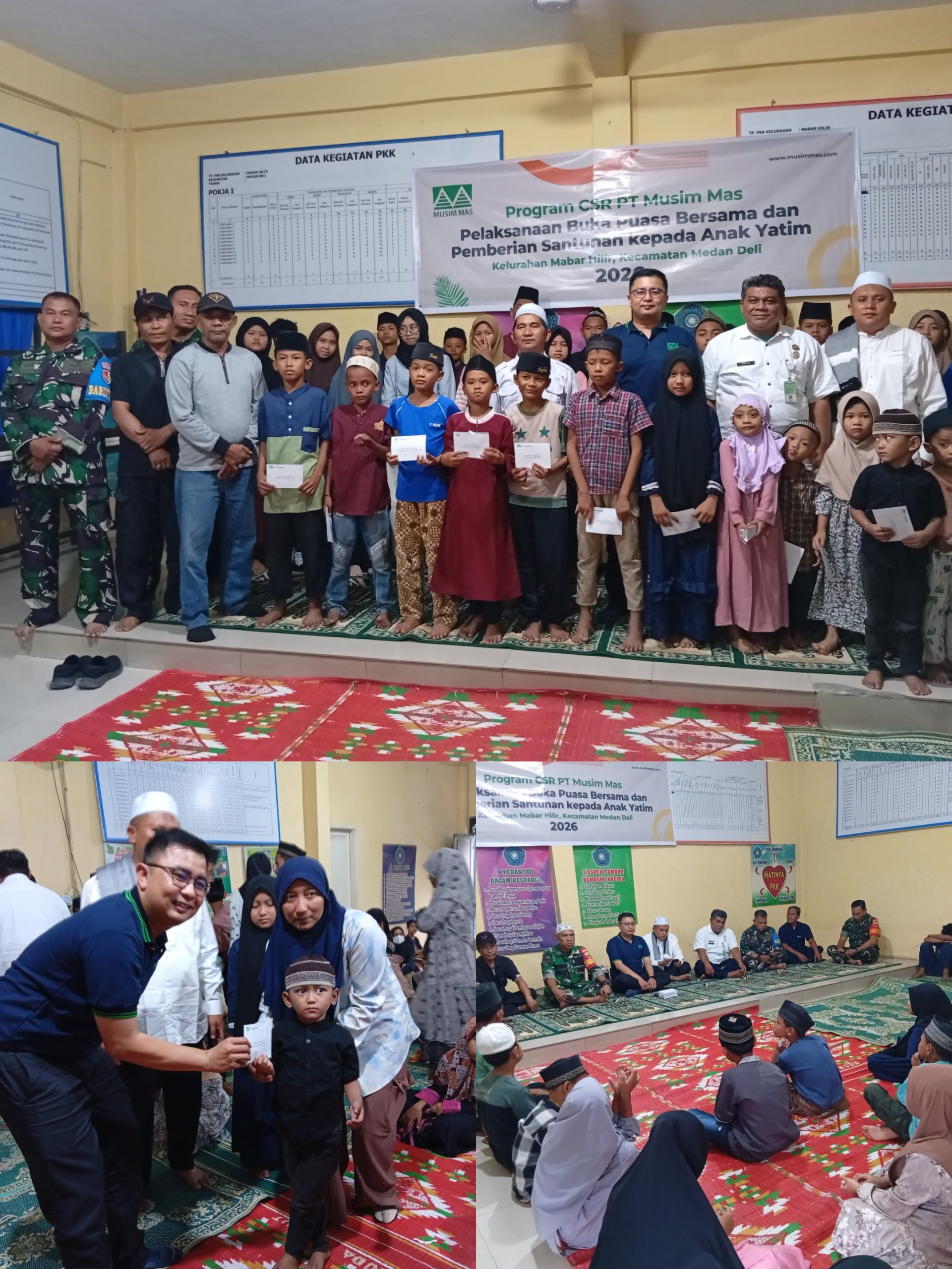 Safari Ramadhan PT.Musim Mas Berbuka Puasa Bersama Dan Santunan Anak Yatim Di Kelurahan Mabar Hilir. Mabar Hilir McN. Pada hari Rabu tanggal 04 Maret 2026 bertempat di aula kantor lurah Mabar hilir jalan suasa raya lingkungan V kelurahan Mabar hilir kecamatan Medan Deli kota Medan,acara safari Ramadhan dan berbuka puasa di sertai santunan anak yatim piatu PT musim mas berjalan dengan sukses dan lancar. Adapun kegiatan safari Ramadhan 1447H tahun 2026 yang di laksanakan oleh perusahan PT musim mas kawasan industri Medan 2 ini di hadiri kurang lebih 100 jiwa anak yatim piatu dari berbagai lingkungan yang ada di kelurahan Mabar hilir kecamatan Medan Deli,serta di isi oleh penceramah keagamaan. Pihak humas perwakilan dari PT musim mas bapak Alex juga memberikan kata sambutan dalam acara tersebut ,dengan memberikan semangat kepada anak yatim,dan terus rajin giat belajar agar kedepan nya menjadi anak yang sukses,bang",bapak Alex juga memberikan motivasi dukungan kepada anak yatim,bahwa PT musim mas terus memberikan beasiswa untuk anak yang berprestasi untuk menempuh dunia pendidikan hingga sukses," Lurah Mabar hilir bapak Bayu Ismoyo SE,turut memberikan kata sambutan serta memberikan ucapan terima kasih kepada PT musim mas yang sudah peduli setiap tahun nya kepada masyarakat kelurahan Mabar hilir,semoga PT musim mas bertambah sukses dan maju. Disamping itu juga turut hadir Babinsa, bhabinkamtibmas,Bhabinter,LSM penjara,media masa. Editor :ABDI.A.SH