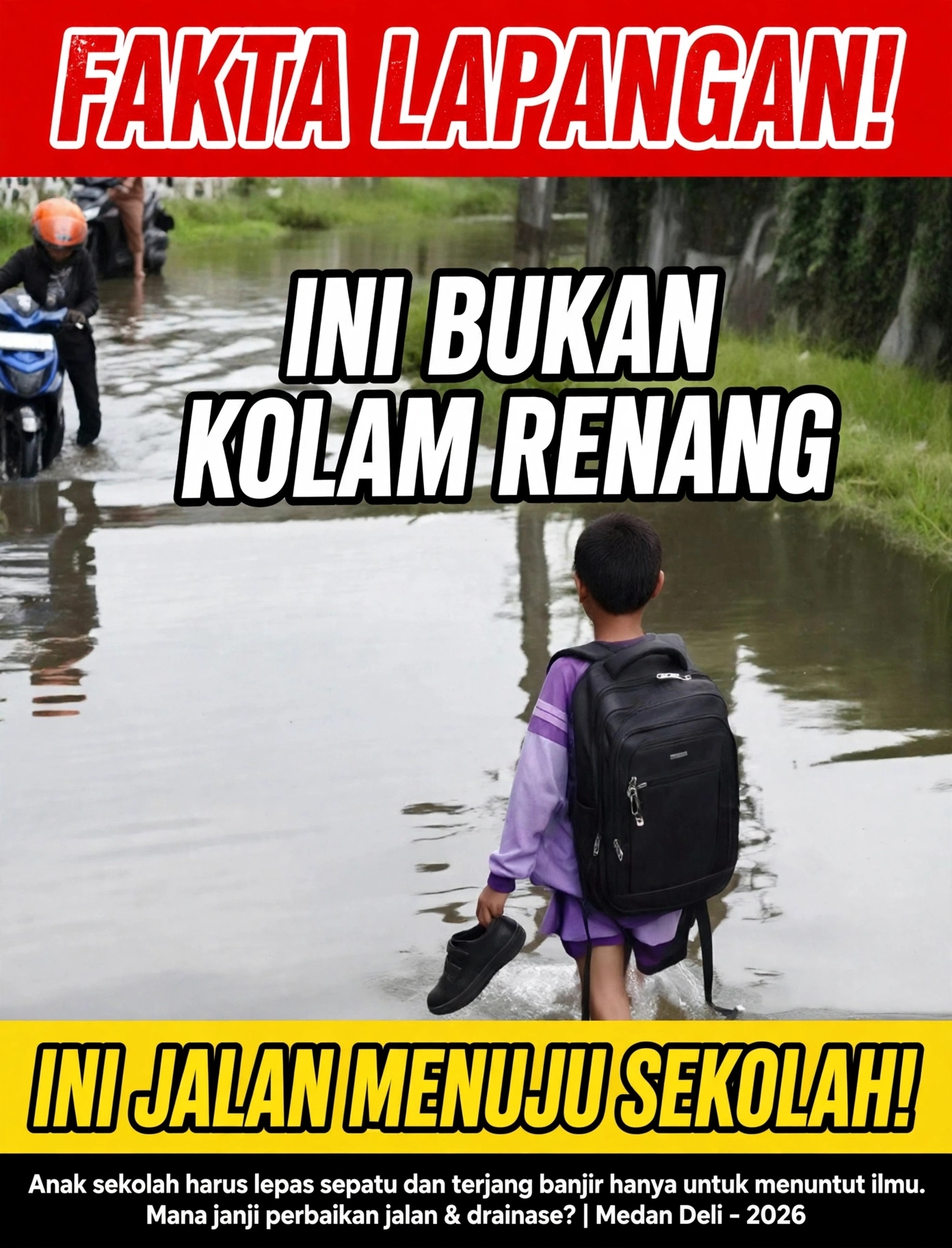 Janji Tinggal Janji,"Jalan suasa Tenga LK V Bak Kolam Renang,"Anak Sekolah Terjang Banjir, Pejabat Bungkam !!! MABAR HILIR _McN Kondisi jalan rusak dan terendam banjir serta drainase tak memadai di jajan suasa Tenga lingkungan V kelurahan Mabar Hilir kecamatan Medan Deli kota Medan,mangkin memperhatinkan.ironisnya,janji manis pejabat kini tak kunjung terealisasi. Pantauan dilapangan,Sabtu(26-09- 2026),jalan penghubung yang menjadi akses utama anak sekolah itu tergenang banjir setinggi lutut orang dewasa.seorang siswa SD terlihat harus melepas sepatu dan mengangkat celananya untuk bisa sampai ke sekolah, sementara pengendara motor harus mendorong kendaraannya karena mogok terendam air. "Setiap hujan sedikit saja,langsung banjir.sudah bertahun tahun seperti ini.katanya mau di perbaiki jalan dan drainase di suasa Tenga lingkungan V kelurahan Mabar Hilir ini,tapi sampai sekarang cuma Janji ,"ujar seorang warga yang enggan disebut namanya. Warga mengaku sudah berulang kali mengadu ke kelurahan,bahkan ke dinas SDABMBK kota Medan,jawaban selalu sudah di usulkan," Warga mendesak wali kota Medan Rico Tri Putra Bayu Waas untuk segera perbaiki jalan suasa Tenga lingkungan V kelurahan Mabar Hilir kecamatan Medan Deli kota Medan tersebut. Red#AB